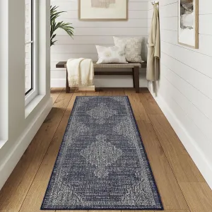 Outdoor Rug 2x8 Runner Rug Vintage Waterproof Non Shedding Navy for Patio Deck Camping