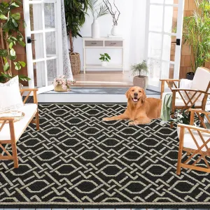 Outdoor Rug 4x6 Black Geometric Modern Waterproof Patio Deck Porch Indoor Outdoor