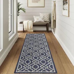 Outdoor Rug 2x8 Runner Rug Waterproof Non Shedding Blue Geometric Indoor Outdoor Patio Deck Camping