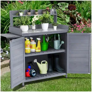 Outdoor Potting Bench Table Storage Cabinet + Wooden Planting Workstation + Storage Shelf & Galvanized Tabletop + Solid Fir Wood + Retractable Side Table + Garden, Patio, Greenhouse