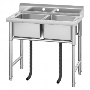 38.9"W x 23.6"D x 37"H Freestanding Stainless Steel Double Bowl Sink - Commercial Kitchen Prep & Utility Sink for Restaurants, Laundry Rooms, Garages, Bars, and Workshops (NO Faucet)