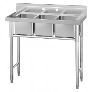 Stainless Steel Sink,39.3"L x 17.7"W x 37"HCommercial Kitchen Prep & Utility Sink Free Standing 3-Compartment Bowl for Restaurant Laundry Garage Bar Workshop