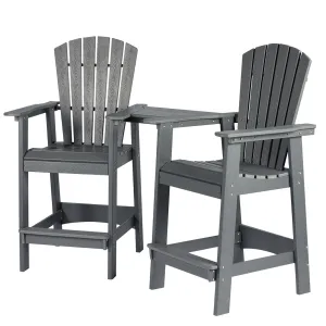 Tall Adirondack Chairs Set of 2, HDPE Embossed Balcony Chair with Connecting Tray & Umbrella Hole, Patio Barstools with Wood Grain for Outdoor Lawn Pool Backyard
