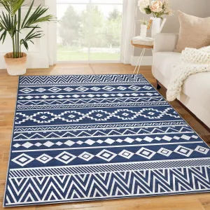 Living Room Rug 4x6 Washable Area Rug Soft Blue Non Slip Boho Geometric Indoor Floor Carpet for Home Office