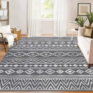Living Room Rug 4x6 Washable Area Rug Soft Grey Non Slip Boho Geometric Indoor Floor Carpet for Home Office