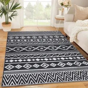 Soft 8' x 10' Area Rug, Anti Slip, Washable, Pet Friendly, Boho Modern Carpet for Living Room Bedroom, Black