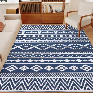 Soft 5' x 7' Area Rug, Anti Slip, Washable, Pet Friendly, Boho Modern Carpet for Living Room Bedroom, Blue
