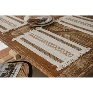 Woven Placemats, Washable Macrame Table Decor, Farmhouse Striped Rustic Woven Bohemian Placemats with Tassel for Dining Table Kitchen Regular