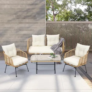 Patio Sectional Furniture Set, 4-Piece Outdoor Patio Set with Sofa, All-Weather Rattan Patio Conversation Set with Loveseat, Tempered Glass Table, Outside Patio Conversation Sets for Backyard, Garden