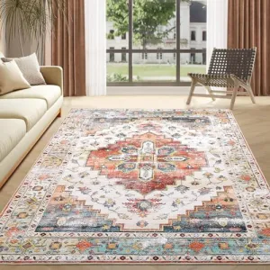 Washable 5x7 Boho Rug for Living Room - Soft, Non-Slip, Vintage Polyester - Ideal for Bedroom, Kitchen, Laundry Room