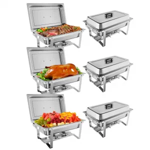 8QT(1×1/1Pan)Chafing Dish Buffet Set of 6 Stainless Steel Food Servers & Warmers, Includes Water Pan, for Weddings, Parties, Banquets, Catering