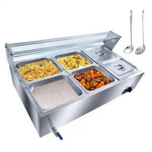 6-Pan(6×12QT) Commercial Food Warmer,Electric Steam Table with Tempered Glass Cover,1500W Countertop Stainless Steel Buffet Bain Marie 86-185°F Temp Control for Catering/Restaurants