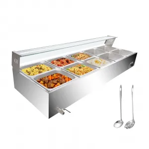 10-Pan(10×12QT) Commercial Food Warmer,Electric Steam Table with Tempered Glass Cover,6" Deep Pans,1500W Countertop Stainless Steel Buffet Bain Marie 86-185°F Temp Control for Catering/Restaurants