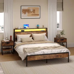 Full Size Bed Frame with Headboard, Full Size Metal Platform Bed Frame with USB Charging Station & Power Outlets/Metal Slats Support/No Box Spring Needed