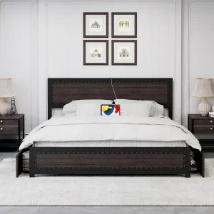 Queen Bed Frame With Headboard, Industrial Platform Bed Frame With 4 Storage Drawers and Charge Station, Strong Metal Slats Support, No Box Spring Needed, Noise Free, Easy Installation, Grey