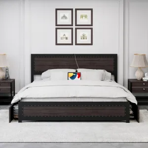 King Bed Frame With Headboard, Industrial Platform Bed Frame With 4 Storage Drawers and Charge Station, Strong Metal Slats Support, No Box Spring Needed, Noise Free, Easy Installation, Grey
