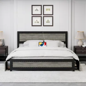 Queen Bed Frame With Headboard, Platform Bed Frame With 4 Storage Drawers and Charge Station, Solid Metal Slats Support, Noise Free, No Box Spring Needed, Easy Assembly, Wash Grey