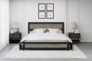 King Bed Frame With Headboard, Platform Bed Frame With 4 Storage Drawers and Charge Station, Solid Metal Slats Support, Noise Free, No Box Spring Needed, Easy Assembly, Wash Grey