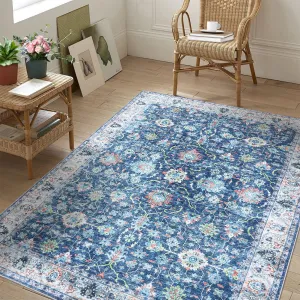 Area Rug 8x10 Rugs for Living Room,Vintage Rug for Living Room Bedroom Dinning Room,Boho Distressed Tribal Area Rug,Low Pile Non-Slip Washable Indoor Door Mat for Kitchen Entryway Bathroom Blue