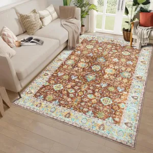 Area Rug 5x7 Rugs for Living Room,Vintage Rug for Living Room Bedroom Dinning Room,Boho Distressed Tribal Area Rug,Low Pile Non-Slip Washable Indoor Door Mat for Kitchen Entryway Bathroom Brown