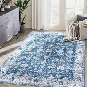 Area Rug 5x7 Rugs for Living Room,Vintage Rug for Living Room Bedroom Dinning Room,Boho Distressed Tribal Area Rug,Low Pile Non-Slip Washable Indoor Door Mat for Kitchen Entryway Bathroom Blue