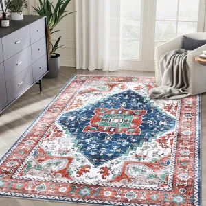 Oriental Red 9x12 Vintage Boho Area Rug, Distressed Tribal Low Pile Non-Slip Washable Carpet for Living Room Bedroom Dining Kitchen Entryway