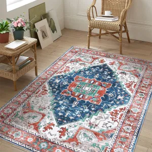 Oriental Red 6x9 Vintage Boho Area Rug, Distressed Tribal Low Pile Non-Slip Washable Carpet for Living Room Bedroom Dining Kitchen Entryway