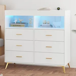 6 Drawer Dresser for Bedroom with LED Lights and Power Outlet, Wide Chest of Drawers with 2 Open Storage Shelves, Baby Changing Table with Removable Changing Table Top, White