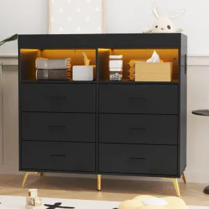 Changing Table Dresser with Drawers, Baby Dresser with Changing Table Top, Power Outlet, LED Light & Metal Feet, Diaper Changing Station Nursery Organizer for Infants Newborn, Black