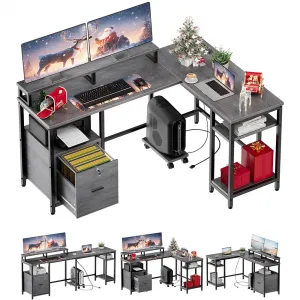 L Shaped Computer Desk 67" Reversible Gaming Desk with Power Outlet, File Drawer, 2 Monitor Stands, Adjustable Storage Shelf, Rustic Gray, Home Office