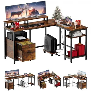 L Shaped Computer Desk, 67" Reversible Gaming Desk with Power Outlet, File Drawer, 2 Monitor Stands & Adjustable Storage Shelf, Home Office Desks, 3 Installation Types, Rustic Brown