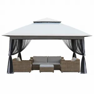 12x12 ft Pop Up Outdoor Gazebo Tent – Double Roof, Mosquito Netting, Height Adjustable, 4 Sandbags, Wheeled Bag, Easy Setup, Perfect for Patio, Lawn, Garden Parties, BBQs – Light Blue + Light Gray