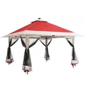 12x12 Pop Up Gazebo Outdoor Canopy Shelter with Mosquito Netting 4 Stanbags Instant Gazebo Tent for Lawn, Garden, Backyard, Deck (Red+ Light Grey)