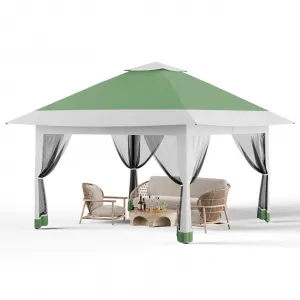 Double Roof Pop Up Outdoor Gazebo Canopy Tent - Heavy Duty Mosquito Netting Patio Shelter - Easy Setup Screened Pavilion with 4 Sandbags & Carry Bag - Adjustable Height 12x12ft for Garden, Backyard, Lawn, Party, Olive Green + Heather Gray