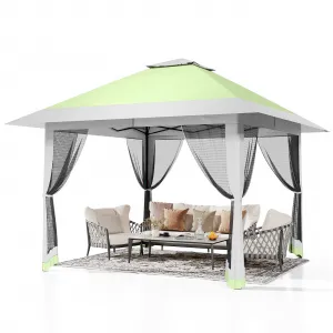 13'x13' Quick-Setup Pop-Up Canopy Tent with Mosquito Netting Foldable Shelter for Backyards, Parties, Camping & Commercial Use, (Green+ Light Grey)