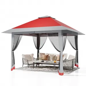 13' x 13' Outdoor Tent, Double Roof Patio Gazebo Quick Setup Instant Canopy Tent Instant Canopy Gazebo Shelter, Red