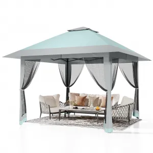 13'x13' Quick-Setup Pop-Up Canopy Tent with Mosquito Netting Foldable Shelter for Backyards, Parties, Camping & Commercial Use, (Navy Blue+ Linen Grey)