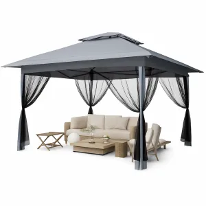 13'x13' Pop Up Tent Outdoor Canopy Shelter with Mosquito Netting 4 Stanbags Instant Gazebo Tent for Lawn, Garden, Backyard Deck (Charcoal Grey + Light Grey)
