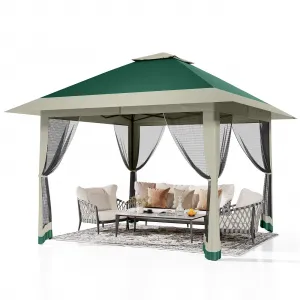 13'x13' Pop Up Tent Outdoor Canopy Shelter with Mosquito Netting 4 Stanbags Instant Gazebo Tent for Lawn, Garden, Backyard Deck (Olive Green + Taupe)
