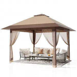 13x13ft Pop-Up Canopy Tent with Mosquito Netting, Portable Outdoor Shelter for Lawn Garden Backyard Deck (Khaki & Dark Khaki)