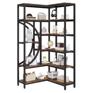 L-Shaped Corner Bookshelf 6-Tier + Industrial Wooden Bookcase + Retro Brown + Adjustable Legs + Home, Office, Bedroom
