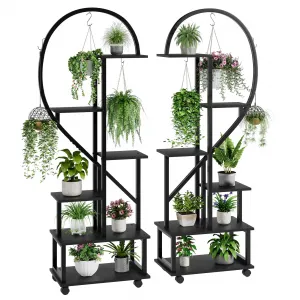 2-Pack 6-Tier Tall Metal Plant Stands with Detachable Wheels - Half Heart Shape with Drawers, Large Indoor/Outdoor Display for Home & Garden