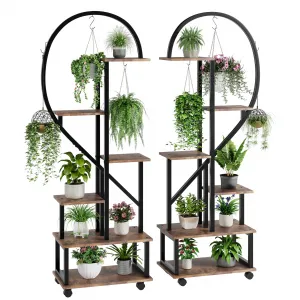 2 Pack 6 Tier Tall Plant Stand Metal Indoor with Detachable Wheels, Half Heart Shape, Drawers, for Home, Patio, Garden