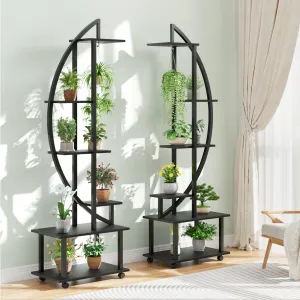2 Pack 6 Tier Tall Plant Stand Metal Indoor + Half Moon Design + Detachable Wheels + Drawers + 12 Pot Stands + Home Patio Lawn Garden