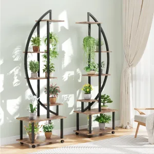 2-Pack 6-Tier Tall Metal Plant Stands with Detachable Wheels - Half Moon Shape with Drawers, Large Indoor/Outdoor Plant Display, Brown
