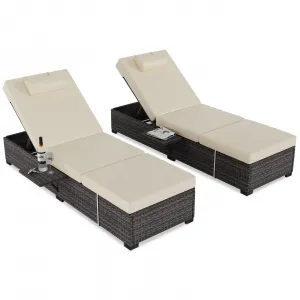 Set of 2 Outdoor Chaise Lounge Chairs - PE Rattan Recliners with Adjustable Backrest & Side Table, Earth Gray Cushions, All-Weather Steel Frame
