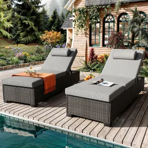 Outdoor PE Wicker Chaise Lounge Chairs, Pool PE Wicker Lounge Chairs Set of 2, Brown Rattan Pool Lounge Chairs Adjustable Backrest Recliners With Grey Cushion