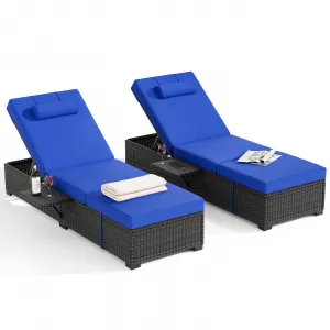 Set of 2 Outdoor Chaise Lounge Chairs, PE Rattan Recliners with Adjustable Backrest & Side Table, Thick Blue Cushions, All-Weather Steel Frame for Poolside Patio, Brown Rattan