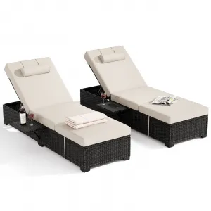 2-Piece Outdoor Chaise Lounge Set PE Rattan Recliners with Adjustable Backrest, Side Table & Plush Earth Gray Cushions, All-Weather Steel Frame