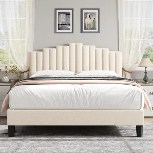Full Size Piano Style Platform Bed Frame with Headboard and Strong Wooden Slats, Strong Weight Capacity, Non-Slip and noiseless,No Box Spring Needed, Easy Assembly,Beige